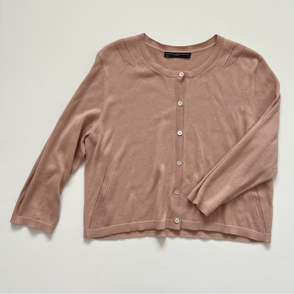 Peruvian Connection Silk Blend Pink 3/4 Sleeve Cardigan Perforated Detail size L